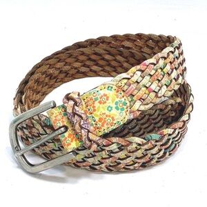 Fossil Y2K Screenprint Boho Floral Braided Woven Leather Belt